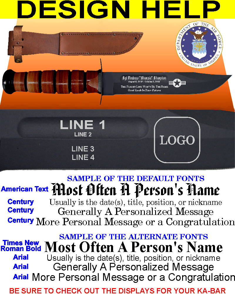 AF01L AIR FORCE KABAR LASER ENGRAVED FRONT SIDE LEATHER HANDL