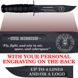 AF82B - AIR FORCE Comm - "OUR MISSION" + YOUR PERSONAL ENGRAVING ON THE BACK - BLACK HANDLE
