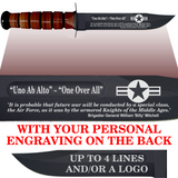 AF84BL - AIR FORCE Comm - "ONE OVER ALL" + YOUR PERSONAL ENGRAVING ON THE BACK - LEATHER HANDLE