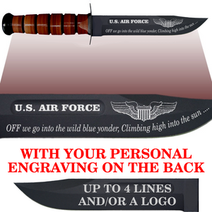 AF86BL - AIR FORCE Comm - "OFF WE GO" + YOUR PERSONAL ENGRAVING ON THE BACK - LEATHER HANDLE