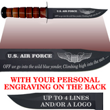 AF86BL - AIR FORCE Comm - "OFF WE GO" + YOUR PERSONAL ENGRAVING ON THE BACK - LEATHER HANDLE