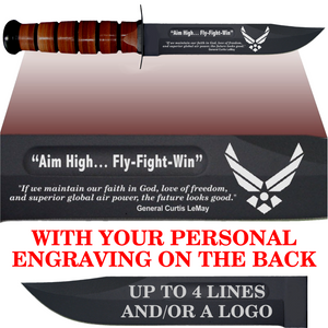 AF80BL - AIR FORCE Comm - "AIM HIGH" + YOUR PERSONAL ENGRAVING ON THE BACK - LEATHER HANDLE