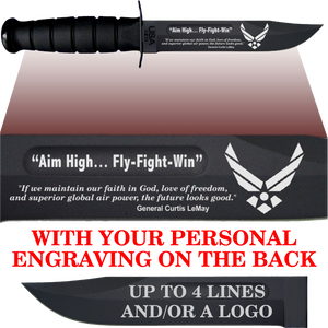 AF80B - AIR FORCE Comm - "AIM HIGH" + YOUR PERSONAL ENGRAVING ON THE BACK - BLACK HANDLE