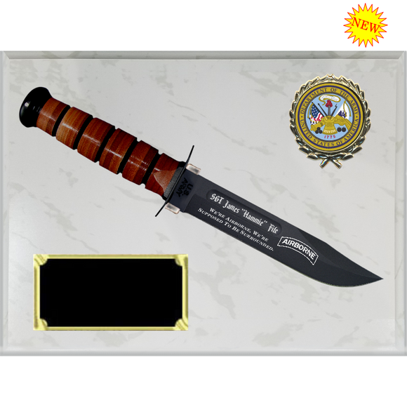 AR30 - ARMY WHITE MARBLE FINISH PLAQUE (KA-BAR not included)